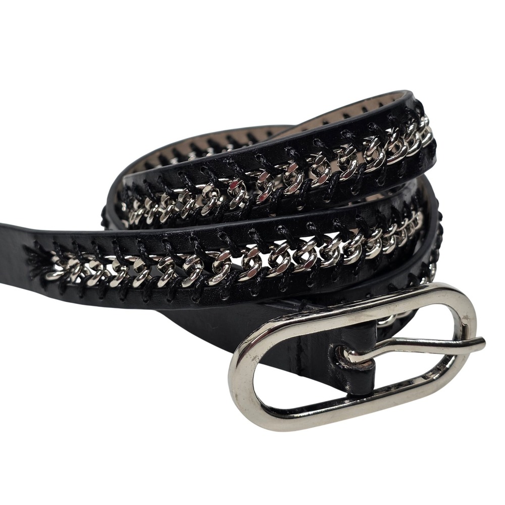 Vintage Nine West Belt Woven Black Silver Chain Skinny 310004 Large 90s Y2K Moto